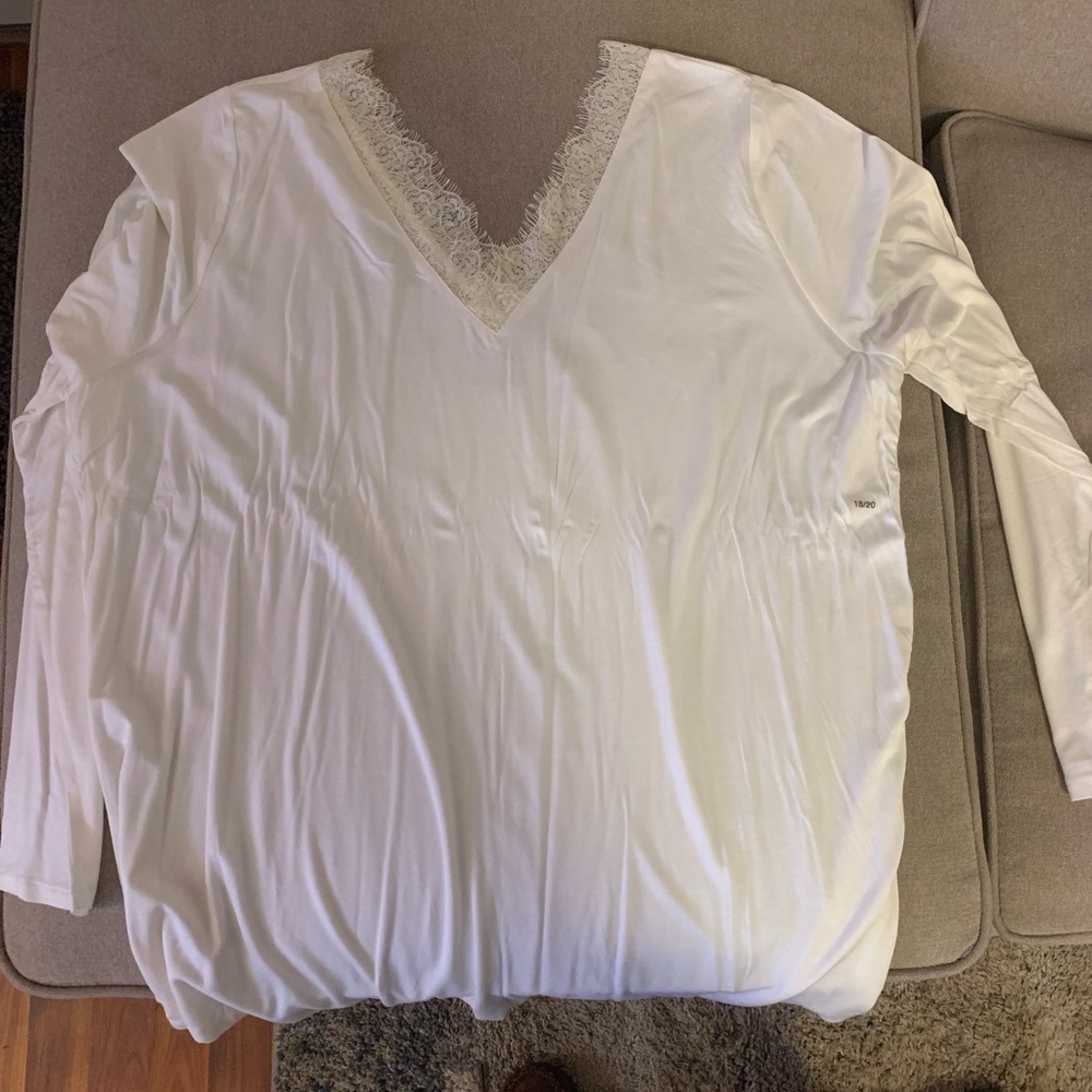 Cream Long Sleeve Double V Neck Shirt w/ Lace Trim